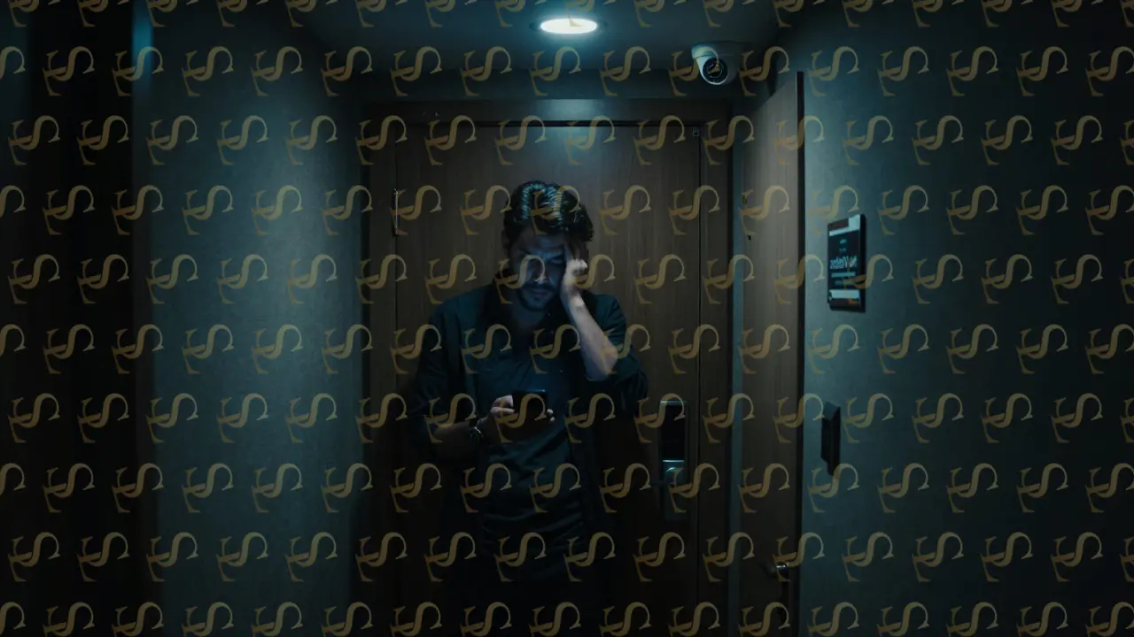 A tense moment in a Dubai hotel hallway with security camera and no visitors sign, conveying risk.