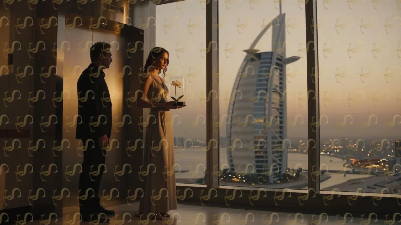 A woman holding a white orchid at a Burj Al Arab elevator, gazing at the glowing Dubai skyline at sunset.