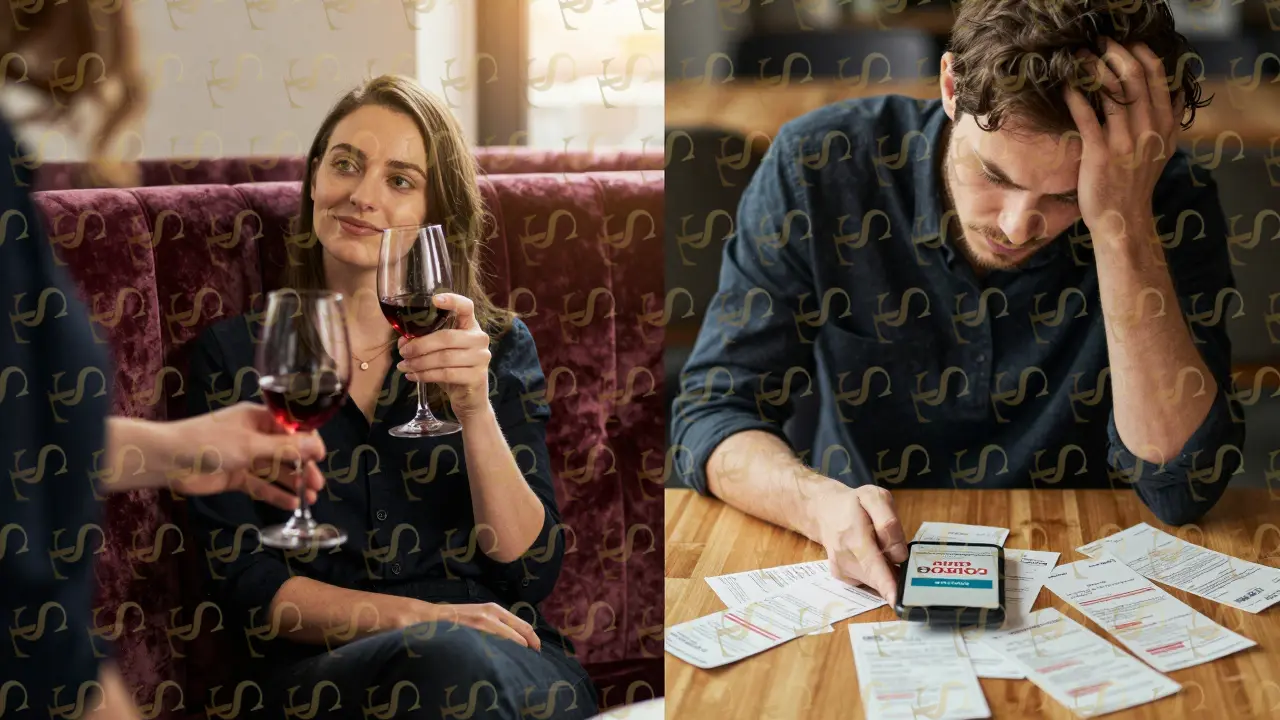 Contrasting scenes: one of stress with canceled booking, the other of calm with a refined companion.