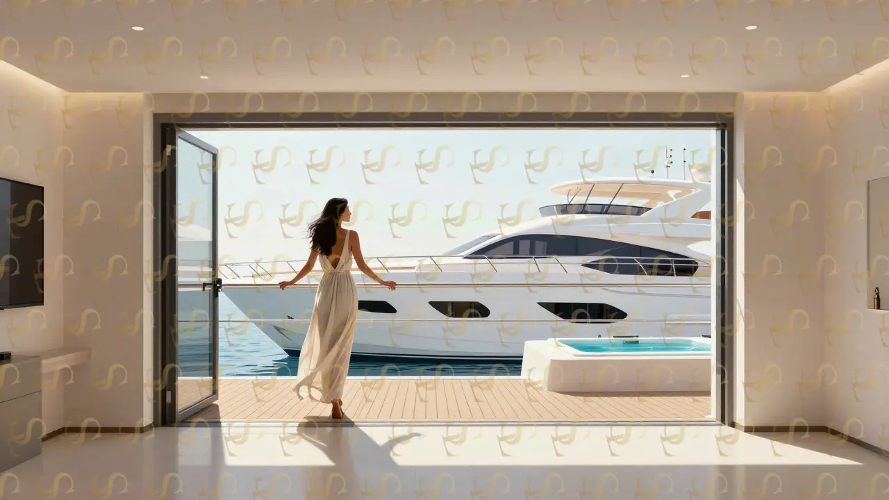 A woman in linen dress leaning against a yacht's railing in a minimalist showroom, soft lighting highlighting the elegance of the design.