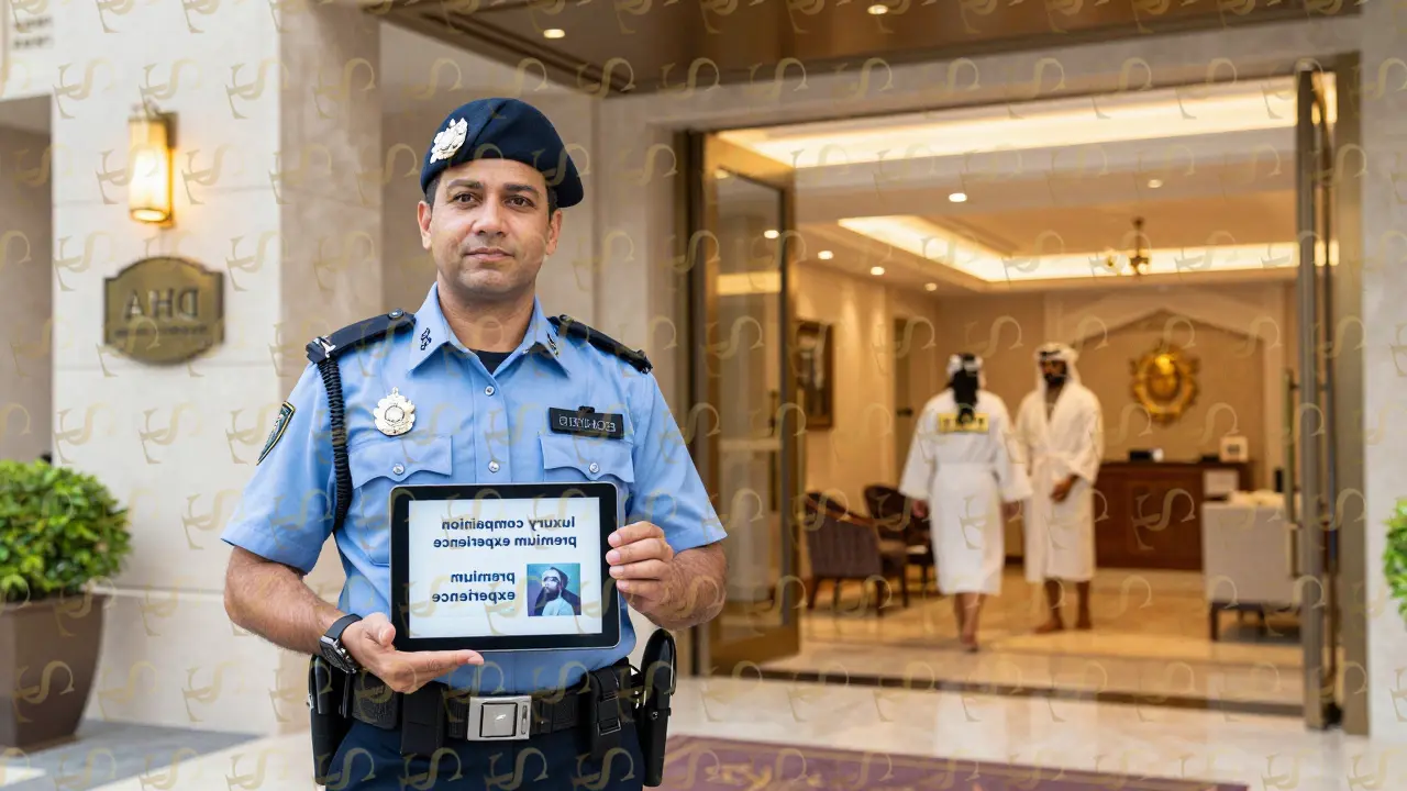 A Dubai police officer holding a flagged online ad while a certified spa operates legally nearby.