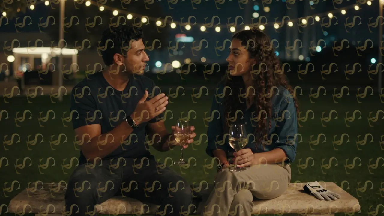 Two expats sharing a quiet moment on a garden bench in Dubai at night, wine glasses nearby, string lights glowing, atmosphere of deep mutual understanding.