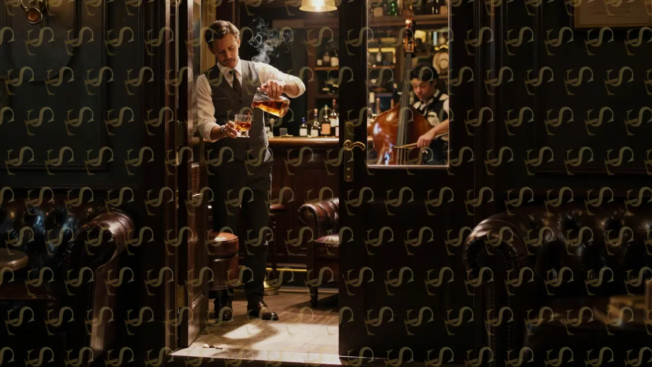 A discreet brass door handle beneath a vintage watch shop, leading into a dimly lit speakeasy with a bartender pouring a drink.