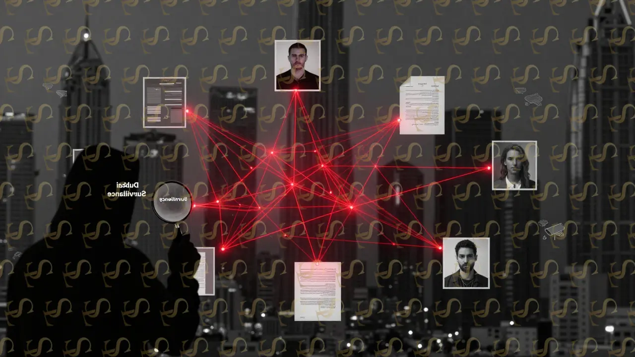 An abstract digital network of personal documents connected to surveillance icons against Dubai’s skyline, rendered in red and monochrome.