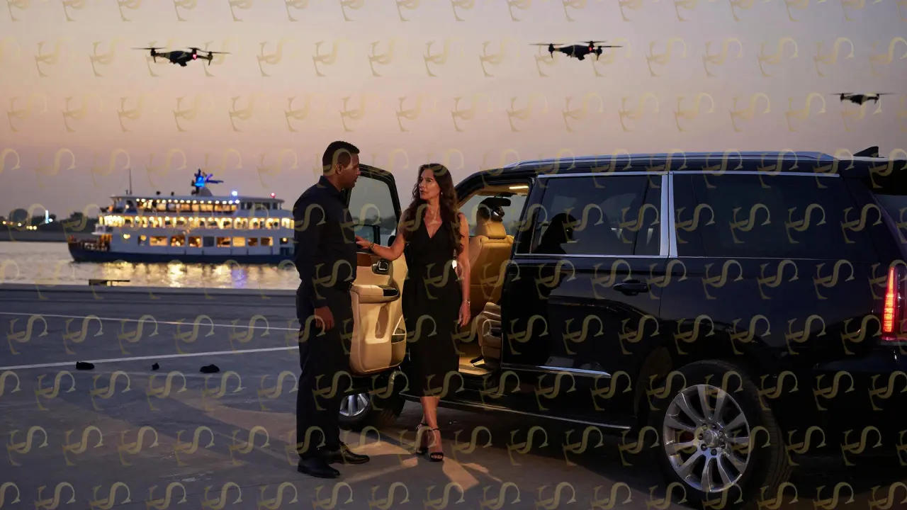 A black SUV arrives at a private helipad as dusk falls, with distant drones hovering, emphasizing stealth and secure entry in Dubai.