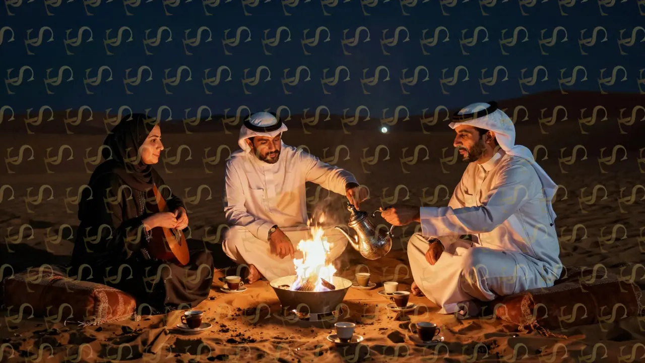A private desert camp at night with Arabic coffee being served under stars, featuring a cultural escort and client in quiet conversation.