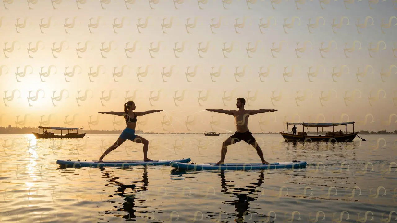 Couple practicing yoga on paddleboards over Dubai Creek with dhow boats in distance.