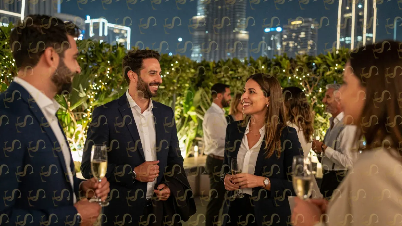A diverse group of expats at a rooftop party in Dubai, with a woman accompanied by a male companion in elegant attire.