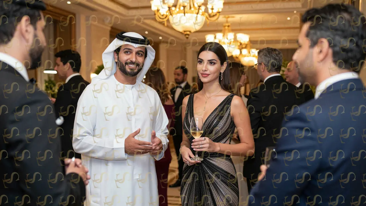An Emirati businessman and his elegant female companion mingling at a high-end gala in Dubai, exuding sophistication and discretion.