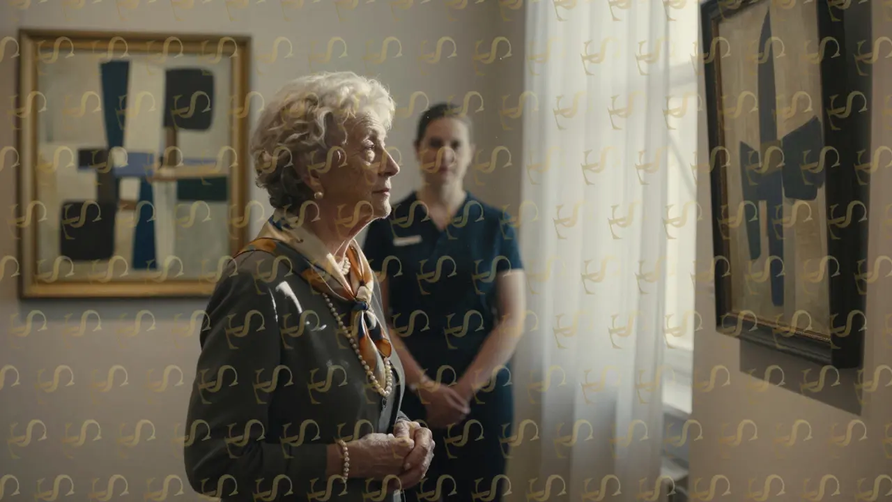 An elderly woman in pearls quietly admiring art in the serene gallery of The Arts Club Dubai.