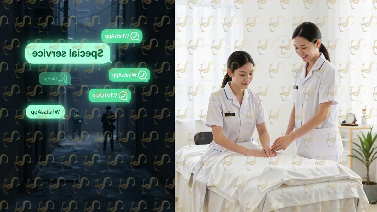 Contrasting image: legal spa on one side, illegal operation with police raid on the other, symbolizing safety versus danger.