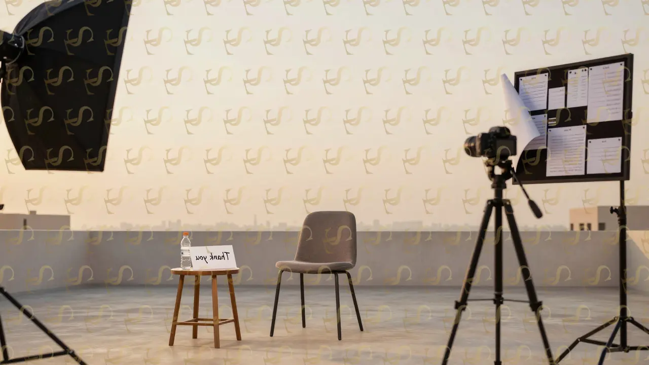 An empty Dubai studio at golden hour with a water bottle and thank-you note, symbolizing quiet professionalism.