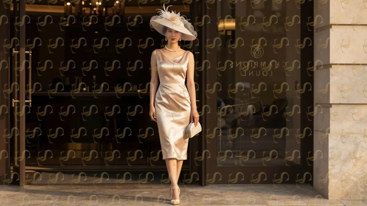A woman in a silk dress with an elaborate fascinator at the Meydan Racecourse.