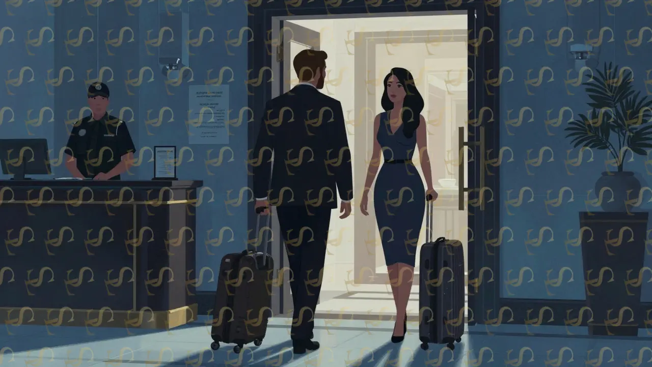 A couple at a luxury hotel lobby in Abu Dhabi, one entering, the other paused outside, watched by security personnel.