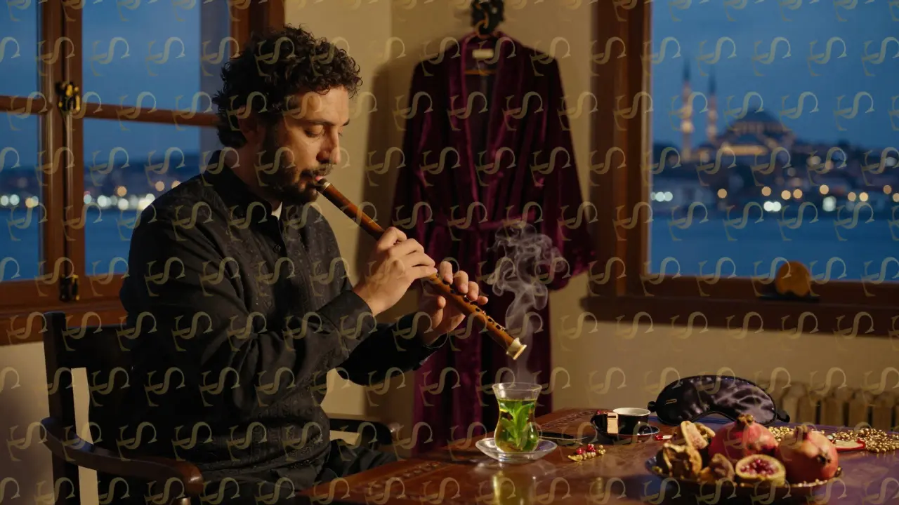 A solo guest enjoying a private tea ceremony at dusk, with a ney flute and views of Istanbul's Bosphorus beyond the window.
