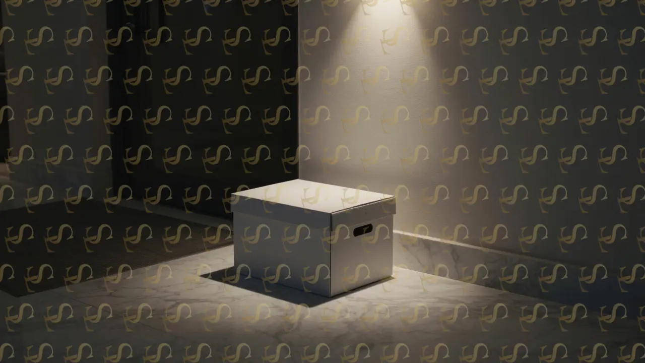 A discreet white flower box delivered silently at a luxury Dubai apartment door at night, no branding visible.