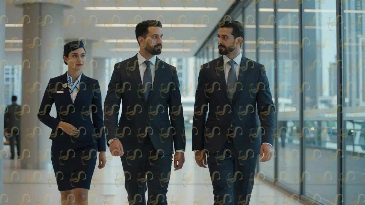 Executive and escort walking through DIFC’s modern corridors, dressed in coordinated professional attire, silent communication evident.