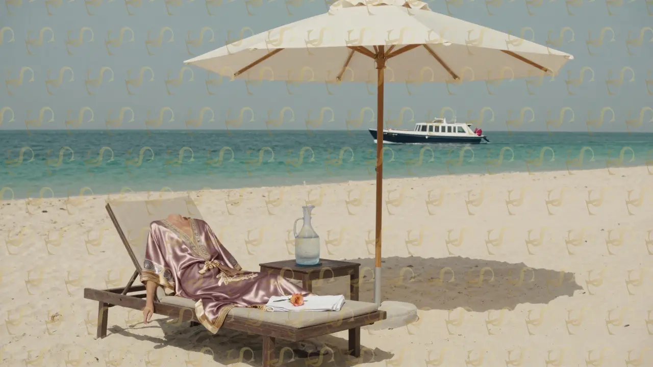 A VIP guest enjoys a private beach stretch at Nammos Dubai, with a rose on a linen napkin and a water taxi in the distance.