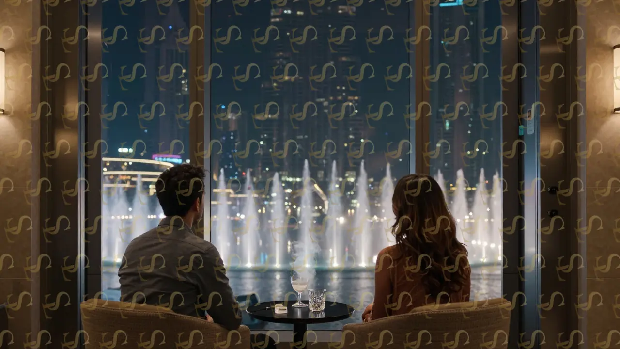 A silent couple on the 13th floor of a Dubai tower, gazing at the fountain through floor-to-ceiling windows with a single ice cube in their glass.