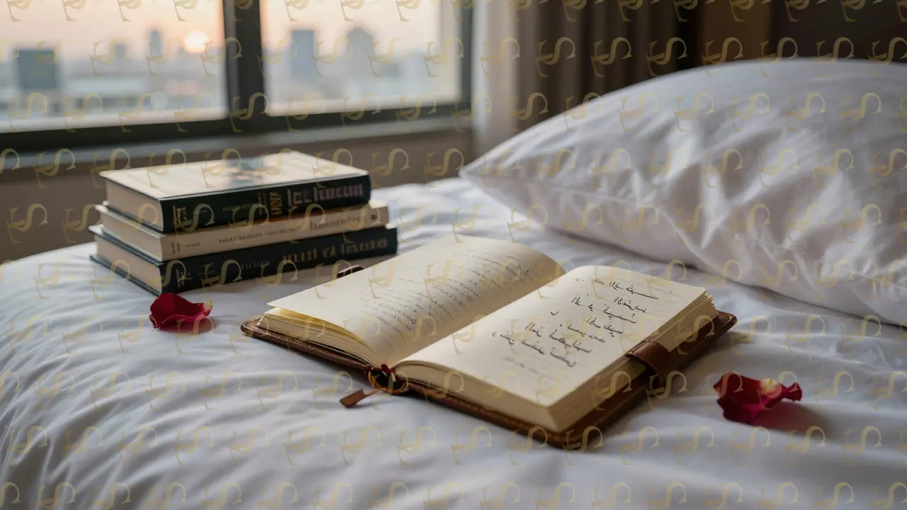 A leather notebook with handwritten phrases and Emirati books resting on a hotel pillow, symbolizing connection and care.