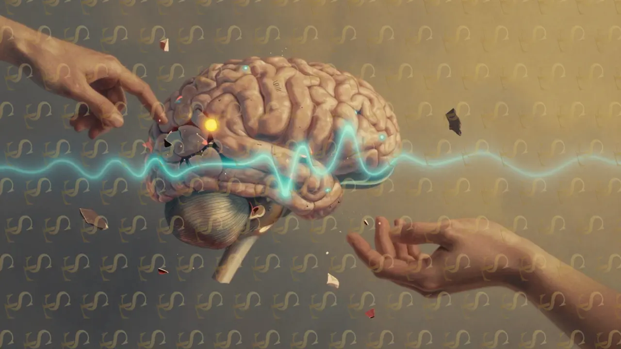 An abstract brain with glowing neural waves collapsing into emptiness, surrounded by fragments of intimate moments.