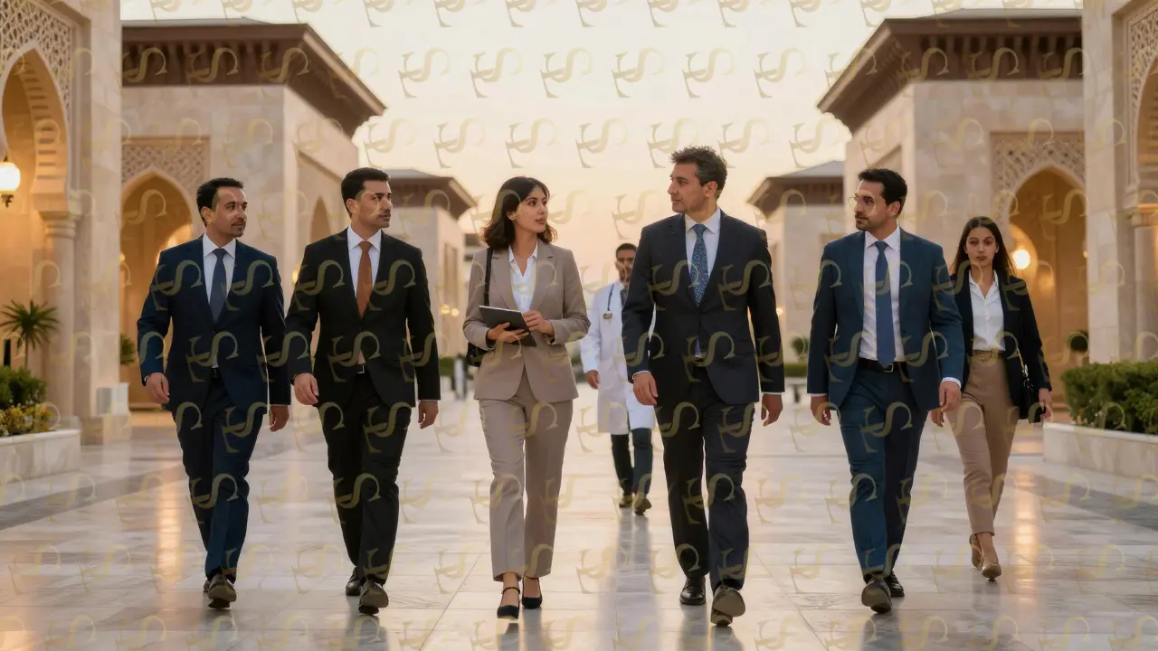 A professional companion listens attentively as medical executives walk between pavilions at Arab Health, embodying discretion and cultural awareness.