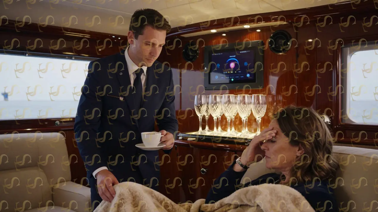 A calm host offers tea and a blanket to a guest inside a yacht cabin during New Year’s Eve.