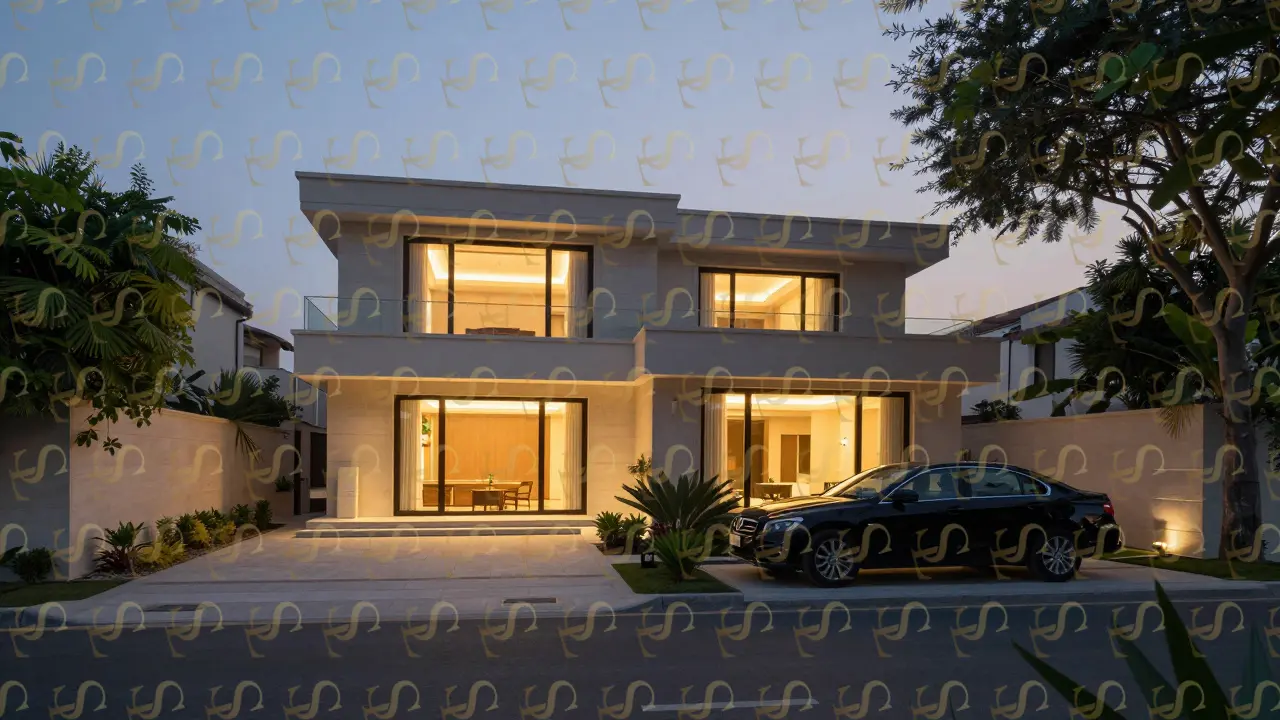A private villa in Emirates Hills at dusk, surrounded by walls and greenery, suggesting a secure outcall setting.