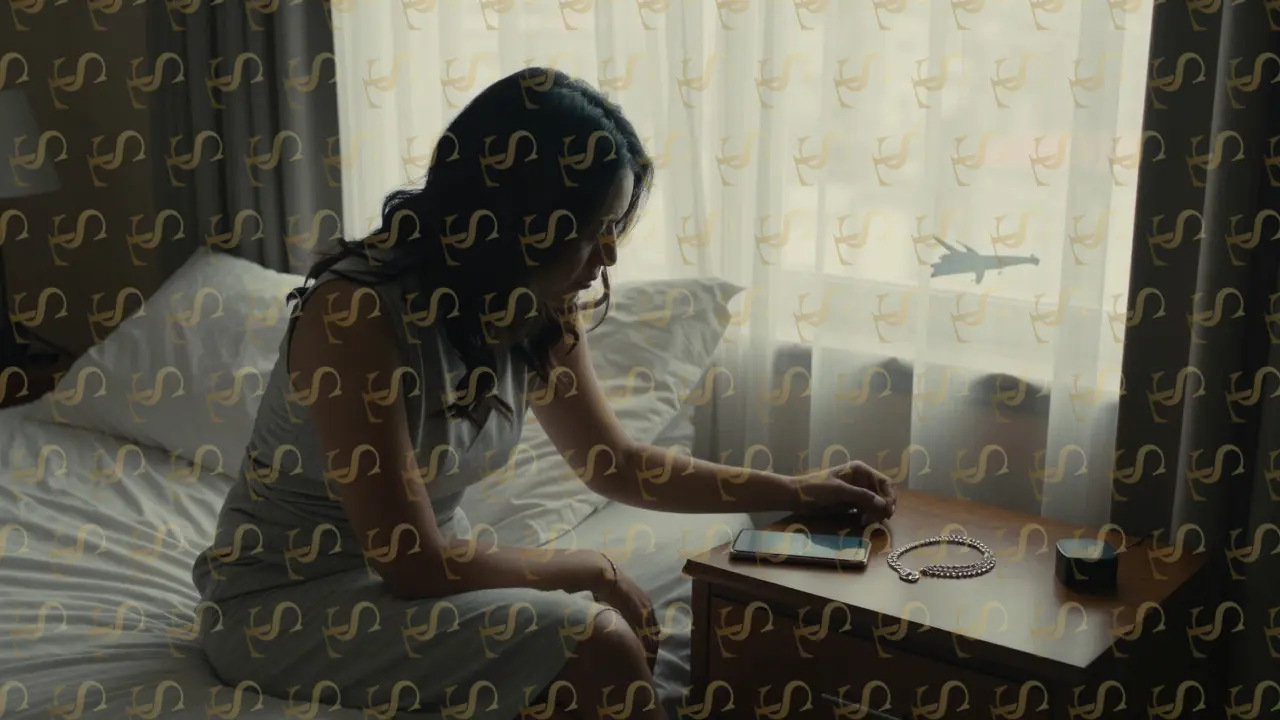 A woman alone on a hotel bed, staring at a diamond necklace while her phone lies face down.