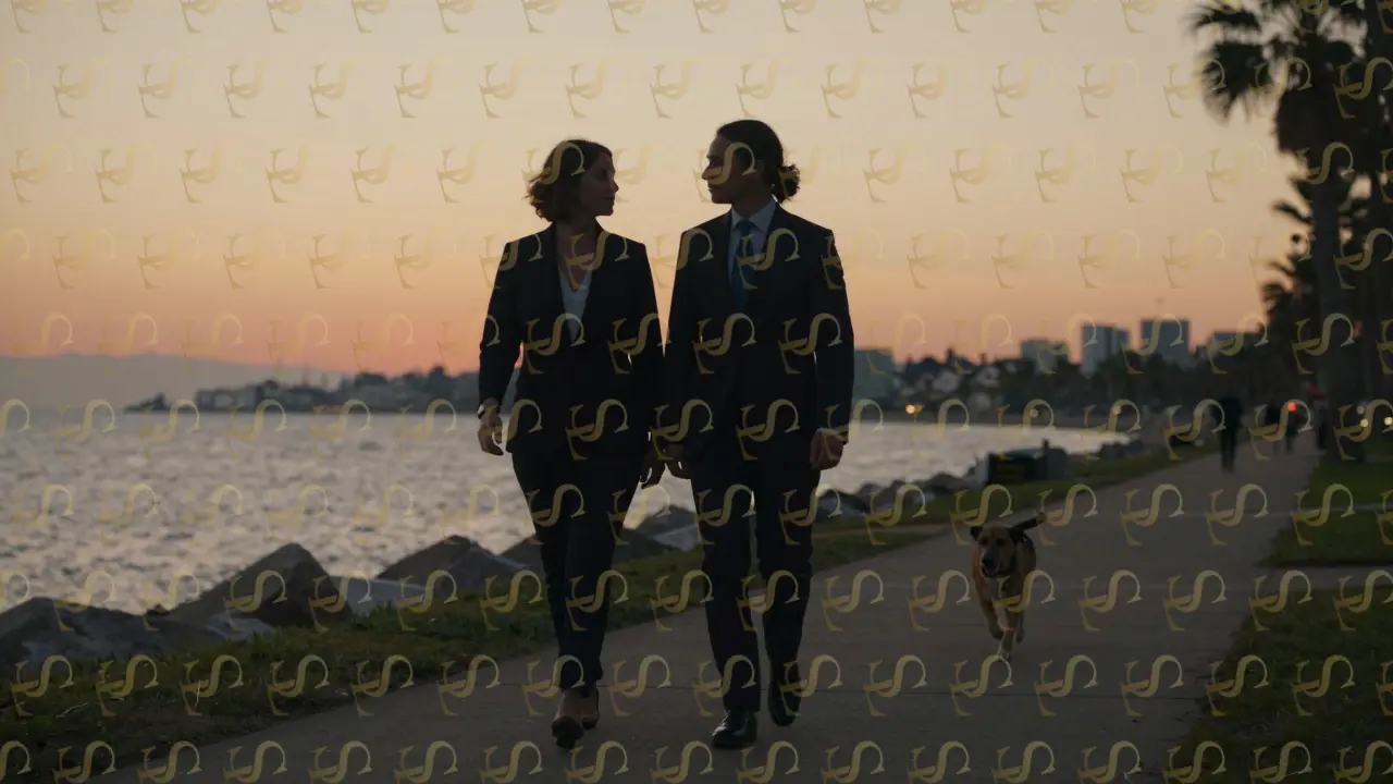 An elite escort and client walking peacefully along a waterfront at dusk, sharing companionship without physical intimacy.