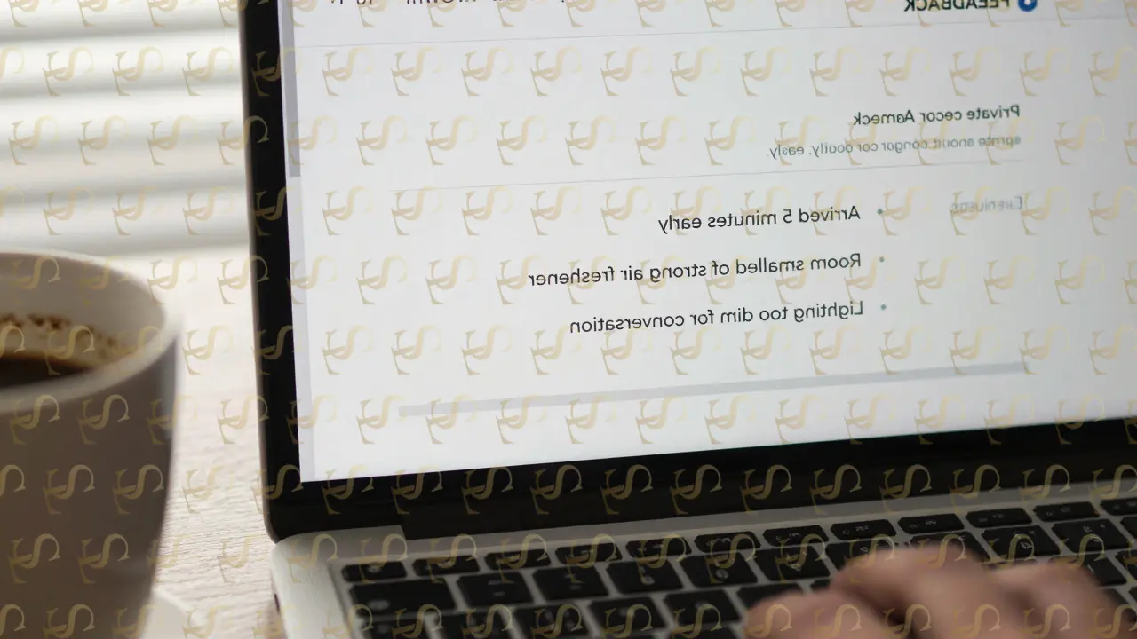 A feedback form on a laptop screen with specific, typed comments about an escort service experience.
