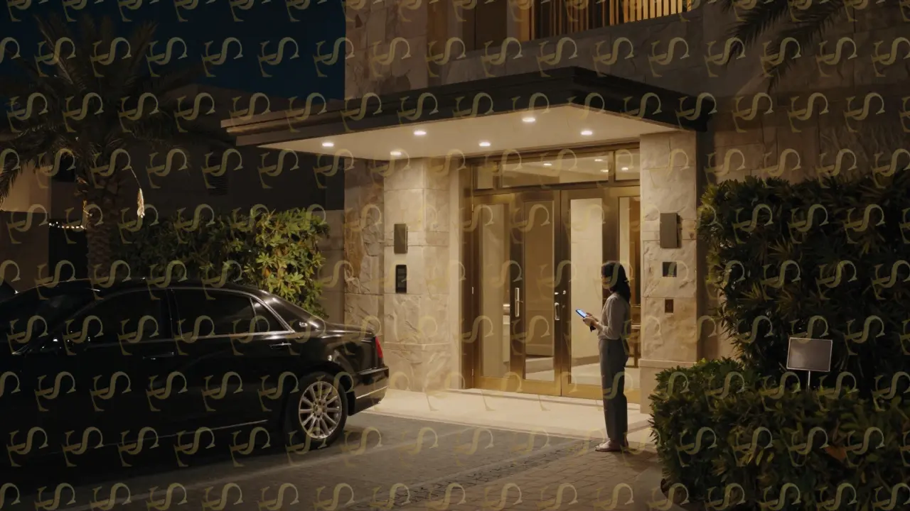 A private hotel entrance disguised as landscaped stone walls at night, with no staff in sight.