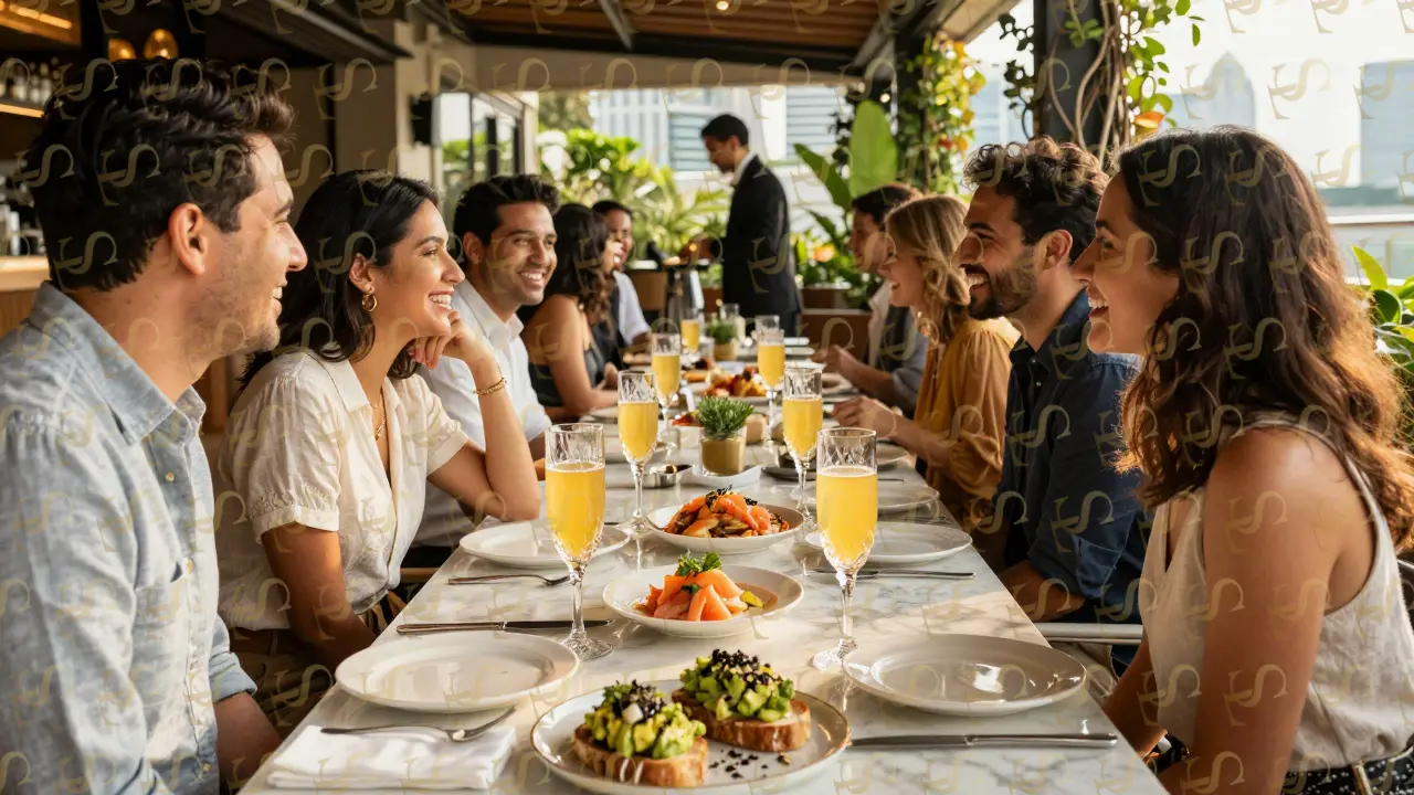 Expats enjoying brunch at a rooftop garden venue in Singapore, with crystal flutes and avocado toast, natural sunlight and greenery surrounding them.