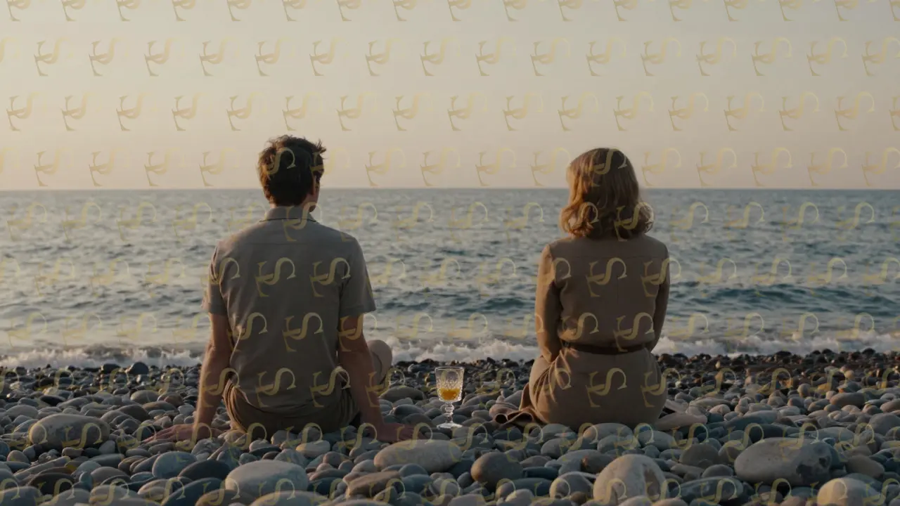 Two figures sit on a pebbled beach at dusk, no devices, no talk, just water, stone, and the quiet glow of sunset.